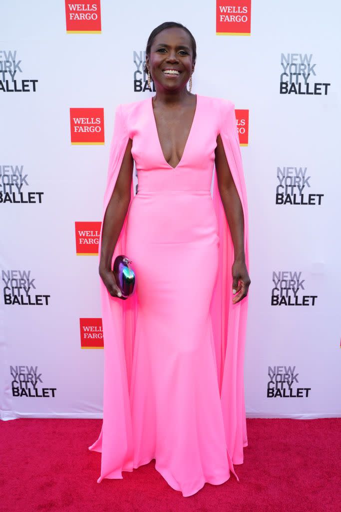 full body red carpet shot of deborah roberts at new york city ballet fall fashion gala 2022