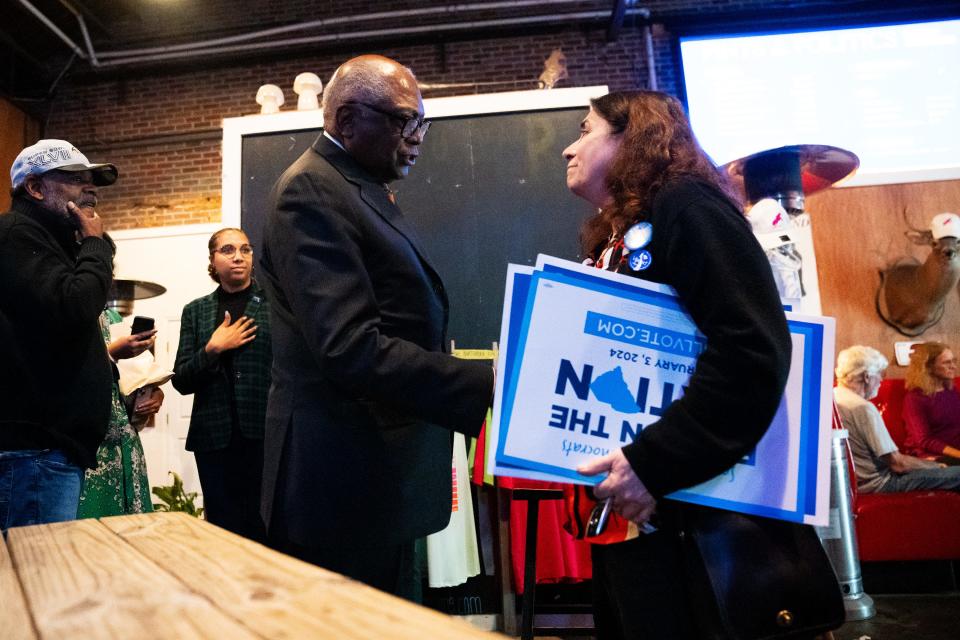 Rep. James Clyburn, D-S.C., speaks with supporters during a community political event at LO-Fi Brewing in North Charleston, S.C., on Jan. 24.