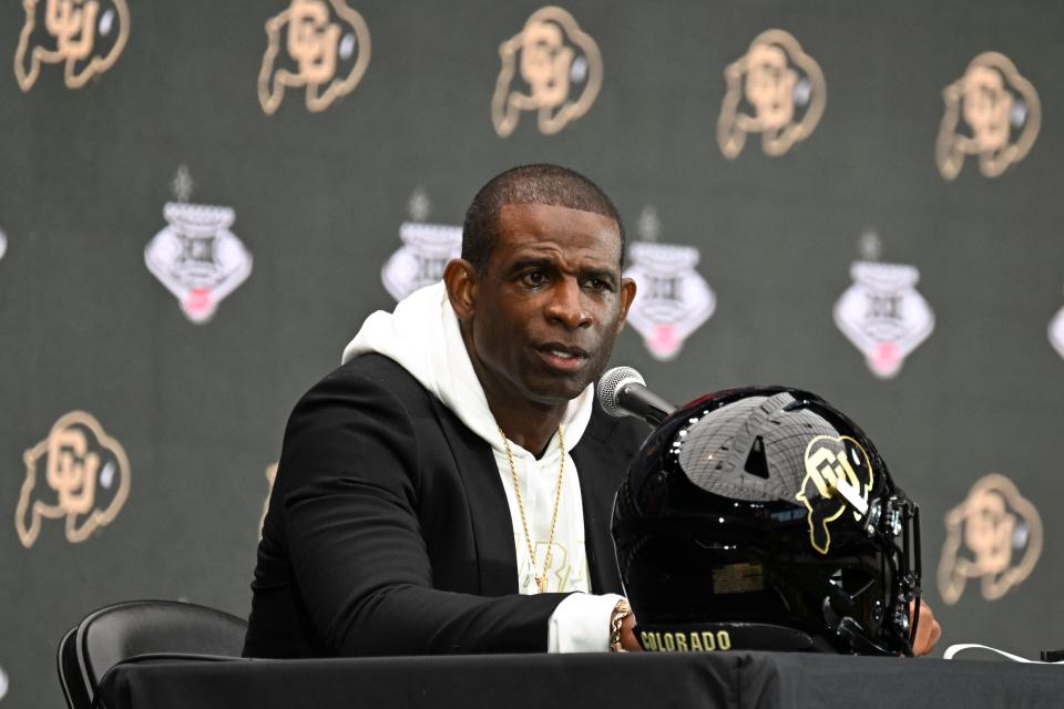 July 10, 2024;  Las Vegas, Nevada, USA;  Colorado Buffaloes coach Deion Sanders speaks to the media during Big 12 Media Days at Allegiant Stadium.  Mandatory Credit: Candice Ward-USA TODAY Sports