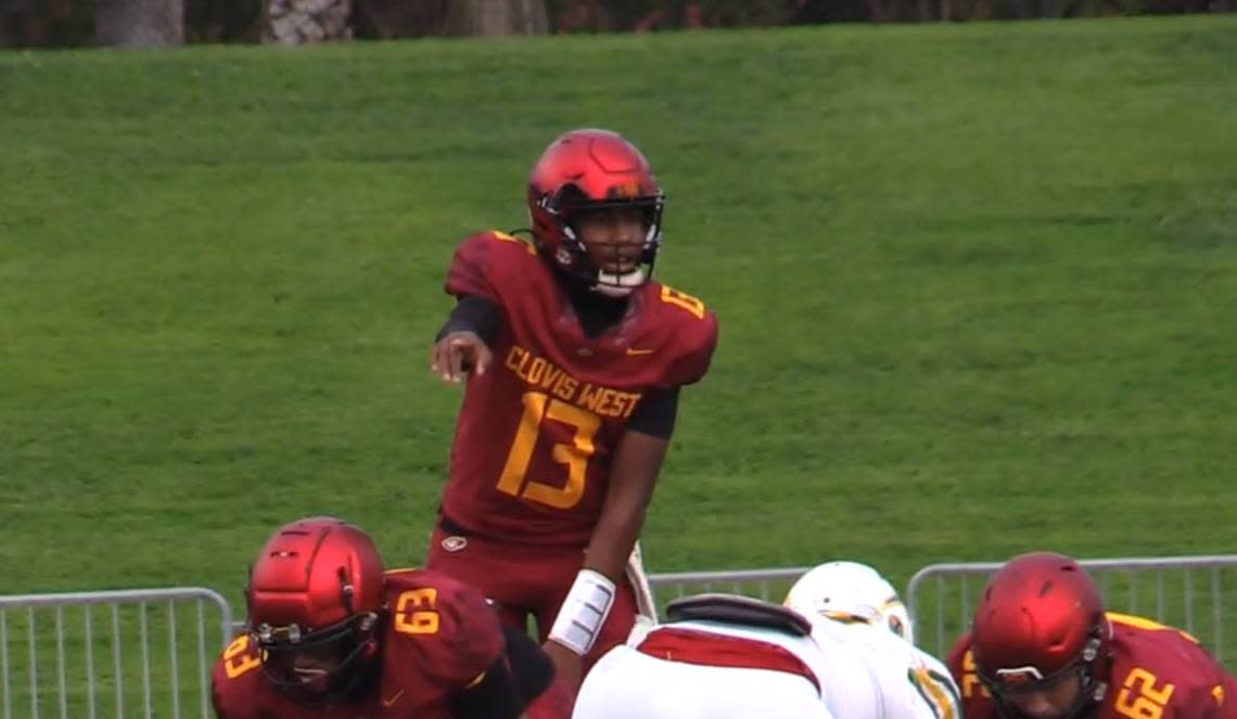 Jamar “JJ” Howard leads Clovis West against Edison-Huntington Beach on Friday, Aug. 23, 2024.