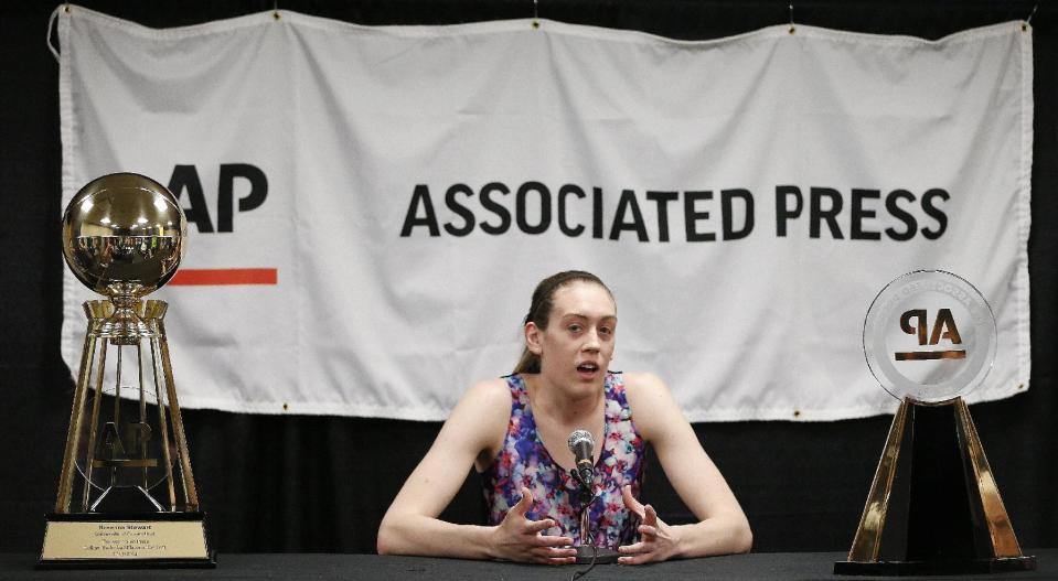 The Associated Press basketball player of the year, Connecticut's Breanna Stewart, speaks to the media after practice before the women's Final Four of the NCAA college basketball tournament, Saturday, April 5, 2014, in Nashville, Tenn. (AP Photo/Mark Humphrey)
