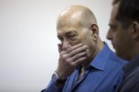 Former Israeli Prime Minister Ehud Olmert, at his trial on May 25, 2015 at Jerusalem's District Court