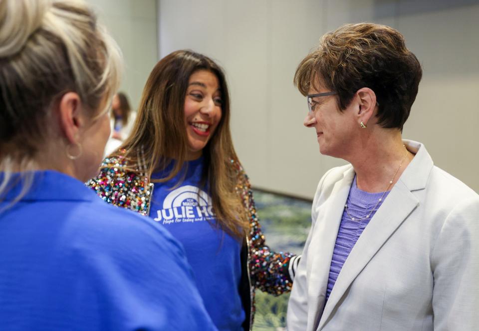 Mayoral candidate Julie Hoy greets people after the initial results come in for the mayoral race on Tuesday, May 21, 2024 in Salem, Ore.