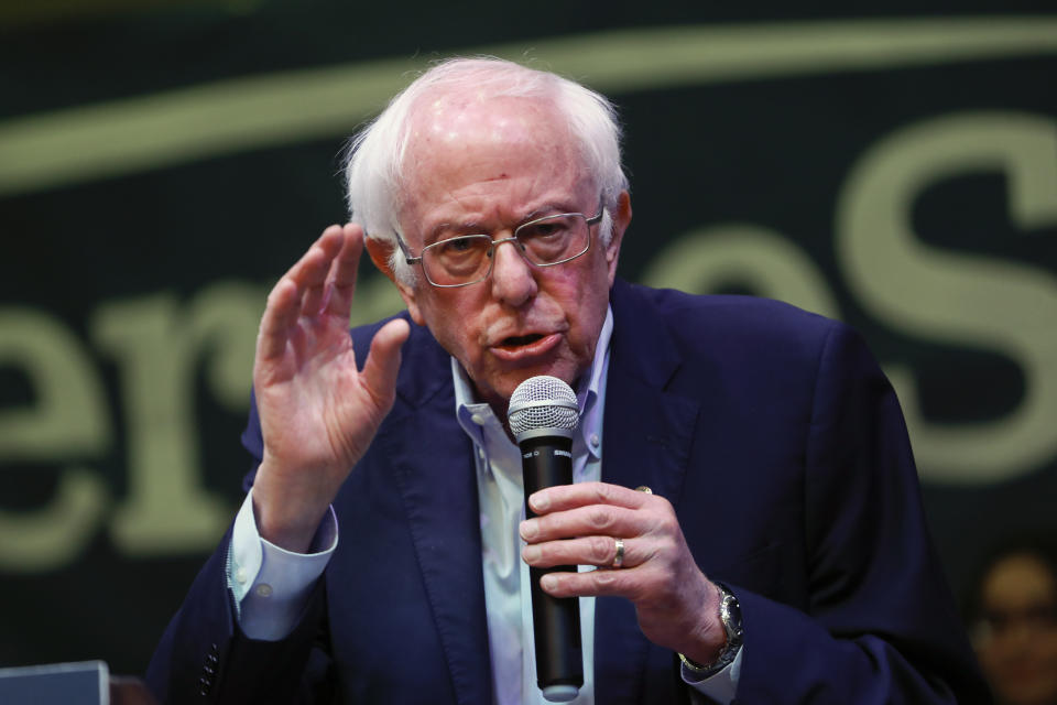 Democratic presidential candidate Sen. Bernie Sanders, I-Vt. , speaking at a campaign event at The Black Box Theater, Saturday, Feb. 1, 2020, in Indianola, Iowa. (AP Photo/Pablo Martinez Monsivais)