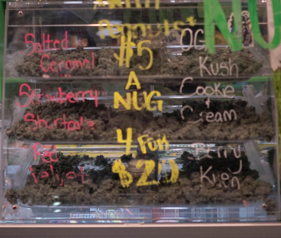 Display of a variety of cannabis strains at Weed World.
