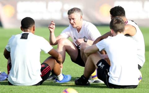 Caretaker Manager Ole Gunnar Solskjaer of Manchester United in action during a first team training session at Nad Al Sheba Sports Complex - Credit: GETTY IMAGES