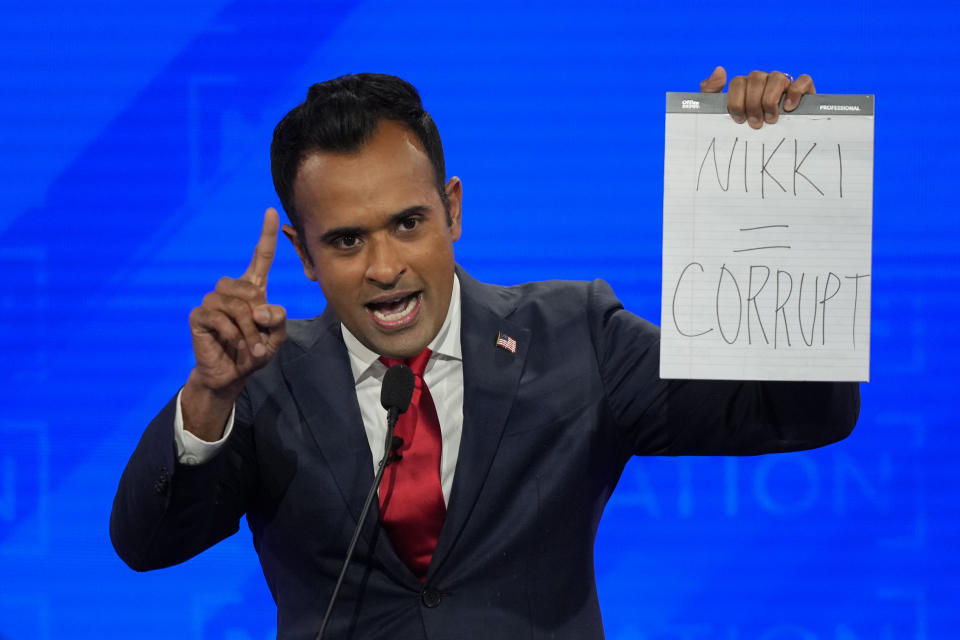 Republican presidential candidate businessman Vivek Ramaswamy speaks during a Republican presidential primary debate hosted by NewsNation on Wednesday, Dec. 6, 2023, at the Moody Music Hall at the University of Alabama in Tuscaloosa, Ala. (AP Photo/Gerald Herbert)