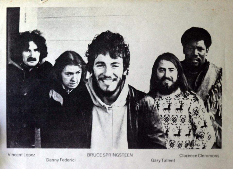 A publicity photo of Bruce Springsteen and the E Street Band around the time of "Greetings from Asbury Park, N.J." Left to right: Vini Lopez, Danny Federici, Springsteen, Gary Tallent and Clarence Clemons (whose name on the photo is misspelled).
