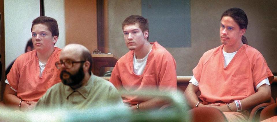 Joseph Fiorella, Jacob Delashmutt and Royce Casey sit in San Luis Obispo Superior Court in January 1997. The three teens were each convicted of first-degree murder in the slaying of 15-year-old Elyse Pahler and were sentenced to 25 and 26 years to life in prison.