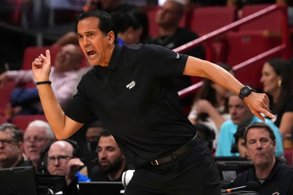 Heat coach Erik Spoelstra reacts during the first half on Tuesday, Dec. 6, 2022, in Miami.