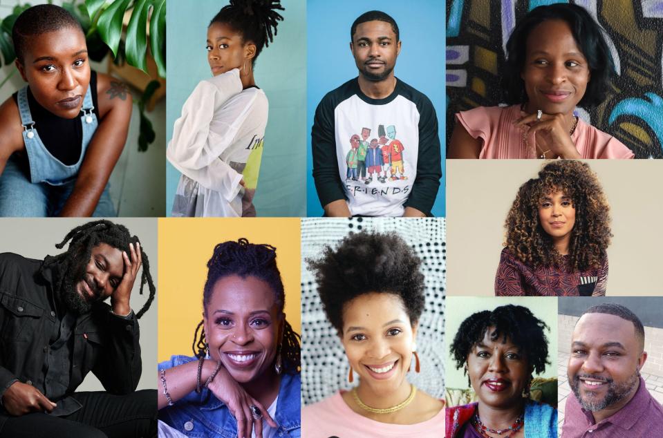 Authors upper left clockwise, Candice Iloh, Tomi Adeyemi, Ben Philippe, Nicola Yoon, Elizabeth Acevedo, Lamar Giles, Nikki Grimes, Liara Tamani, Alicia Williams, Jason Reynolds