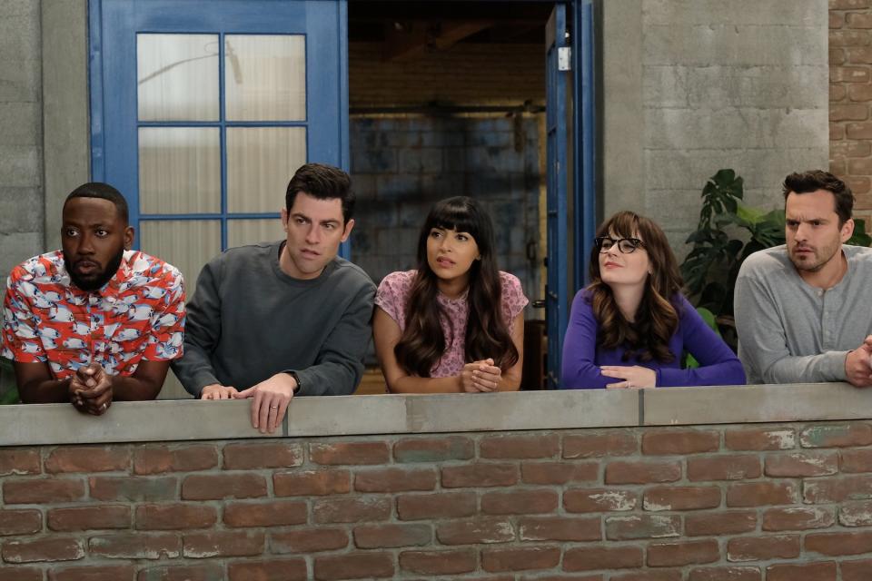 'New Girl' cast Lamorne Morris, Max Greenfield, Hannah Simone, Zooey Deschanel, and Jake Johnson in the series finale airing on May 15, 2018. 