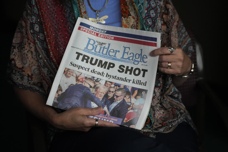 Donna Sybert, Managing Editor of the Butler Eagle newspaper, holds a Special Edition of the paper during an interview with The Associated Press, Wednesday, July 17, 2024, in Butler, Pa. (AP Photo/Matt Slocum)