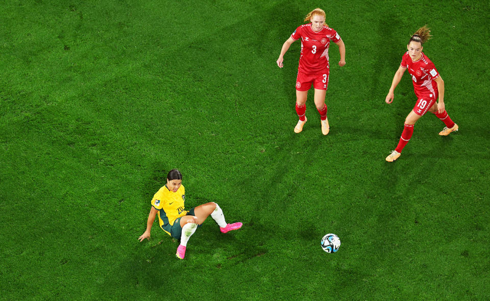Sam Kerr, pictured here after slipping over during the Matildas' win over Denmark at the Women's World Cup.