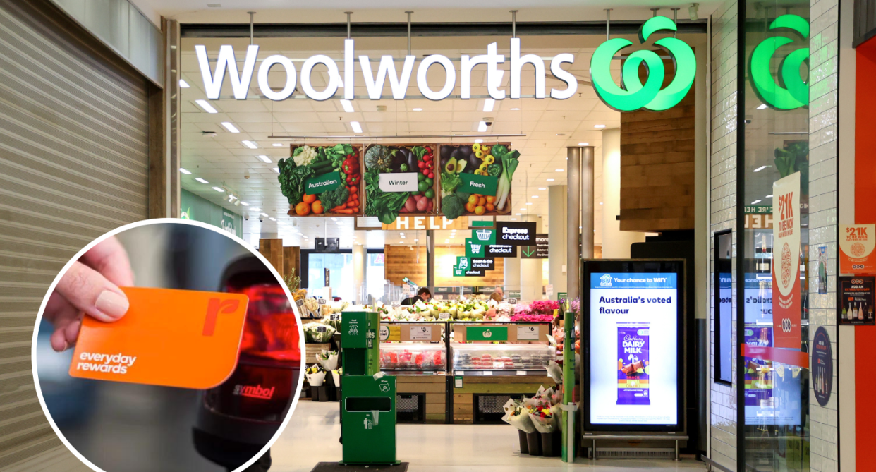Woolworths supermarket and Everyday Rewards card.