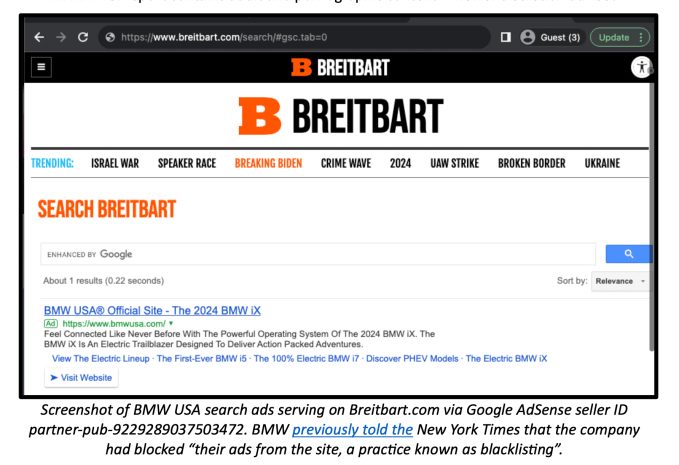 Adalytics screengrab showing GSP ads for BMW running on Breitbart.com