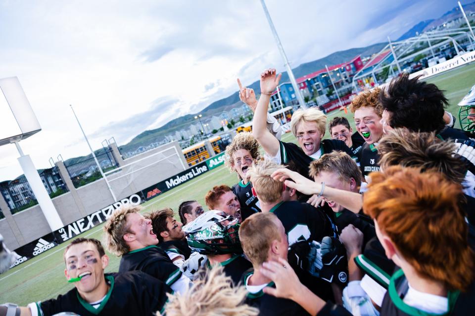 Green Canyon celebrates after winning the 4A boys lacrosse championships at Zions Bank Stadium in Herriman on May 26, 2023. | Ryan Sun, Deseret News