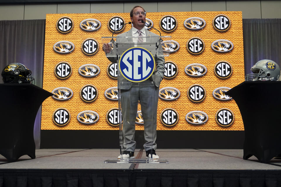 Missouri head coach Eliah Drinkwitz speaks during an NCAA college football news conference at the Southeastern Conference Media Days, Monday, July 18, 2022, in Atlanta. (AP Photo/John Bazemore)