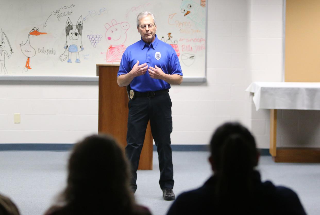 Mishawaka Police Chief Ken Witkowski discusses the department’s 12-hour patrol shifts Thursday, Feb. 15, 2024, at the neighborhood meeting of 1st District Common Council member Dale “Woody” Emmons at St. Bavo Church Hall in Mishawaka.