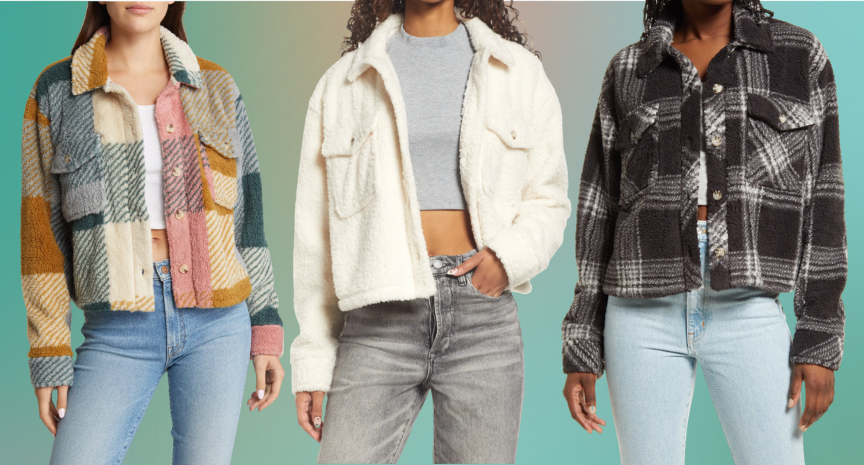 three models wearing nordstrom shirt-jacket shacket in plaid and white and jeans