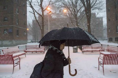 A woman walks through the Marcy Houses public housing development in the Brooklyn borough of New York January 9, 2015. REUTERS/Stephanie Keith