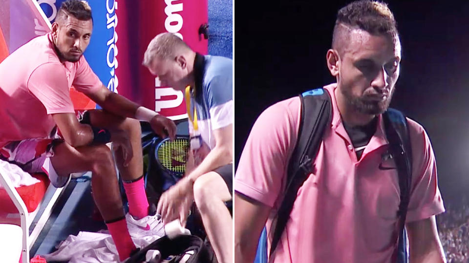 Nick Kyrgios, pictured here after retiring hurt at the Mexico Open.