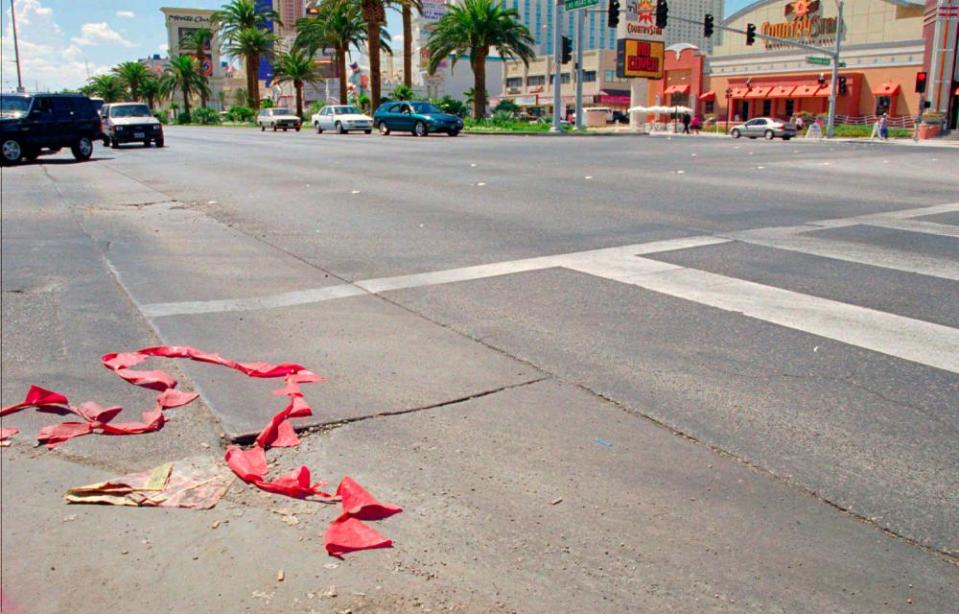 The intersection of Harmon and Las Vegas Blvd in Las Vegas, on 8 September 1996, where Tupac and Marion “Suge” Knight were shot.