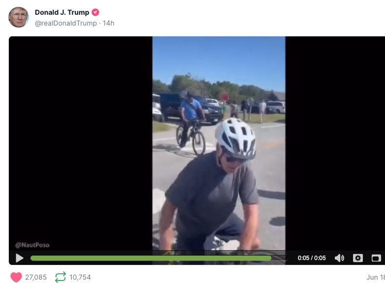 Trump posts video of Biden falling off bike on Truth Social