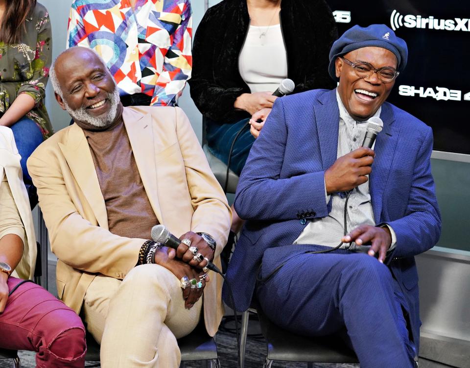 Richard Roundtree and Samuel L. Jackson crack up at SiriusXM's Town Hall with the cast of <em>Shaft,</em> hosted by Sway Calloway, at SiriusXM Studios in N.Y.C. on Monday.