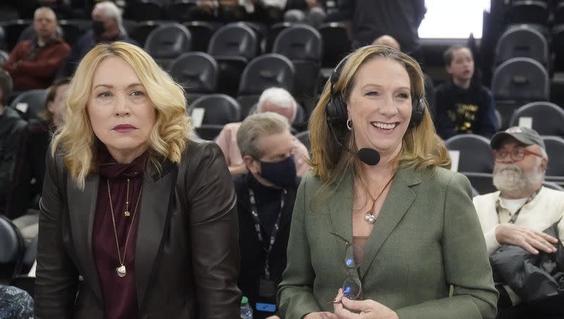 ESPN’s Doris Burke and Beth Mowins look on before the start of NBA basketball game between the Utah Jazz and Golden State Warriors on Feb. 9, 2022, in Salt Lake City. An all-female ensemble will produce Wednesday’s March 8, 2023, game between the Dallas Mavericks and New Orleans Pelicans in New Orleans. It’s a way to celebrate International Women’s Day.