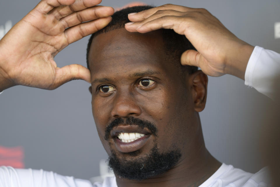 Denver Broncos outside linebacker Von Miller talks to reporters after an NFL football training camp at the team's headquarters Thursday, Aug. 19, 2021, in Englewood, Colo. (AP Photo/David Zalubowski)