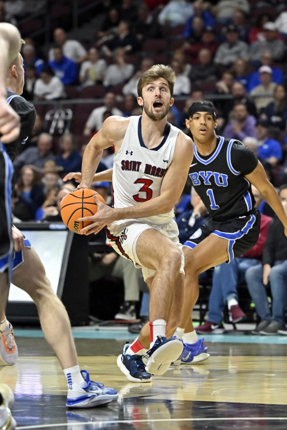 Saint Mary's guard Augustas Marciulionis (3) drives the ball against BYU during the first half of an NCAA college basketball game in the semifinals of the West Coast Conference men's tournament Monday, March 6, 2023, in Las Vegas. (AP Photo/David Becker)