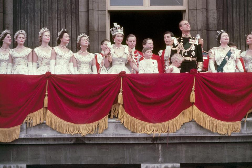 Queen Elizabeth II on the balcony at Buckingham Palace after her coronation, 2nd June 1953. With her are (left to right) : Prince Charles, Princess Anne, Prince Philip, Duke of Edinburgh and Queen Elizabeth The Queen Mother.
