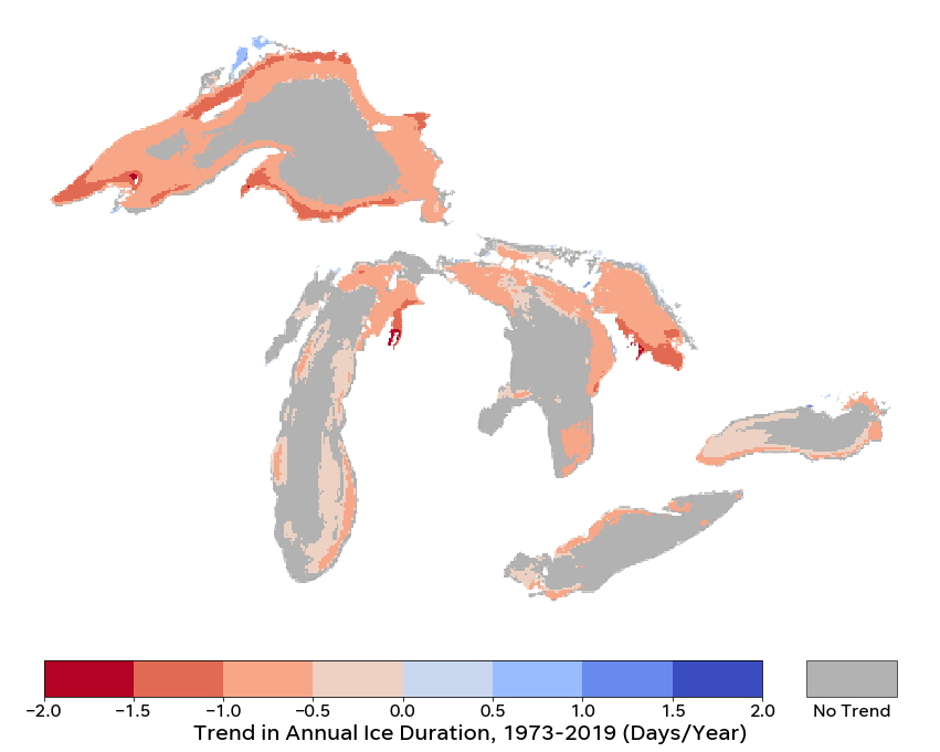 Trends in ice cover duration in the Great Lakes, 1973–2019