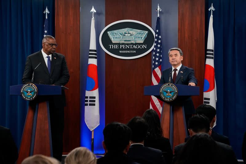 U.S. Defense Secretary Lloyd Austin and South Korea’s Defense Minister Jong-Sup Lee hold a news conference at the Pentagon in Arlington