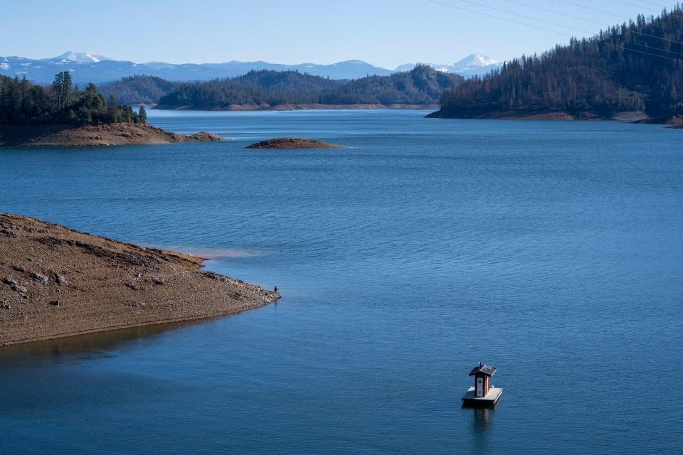 Lake Shasta, the largest reservoir in California, is about 70% full on Monday, Jan. 15, 2024.