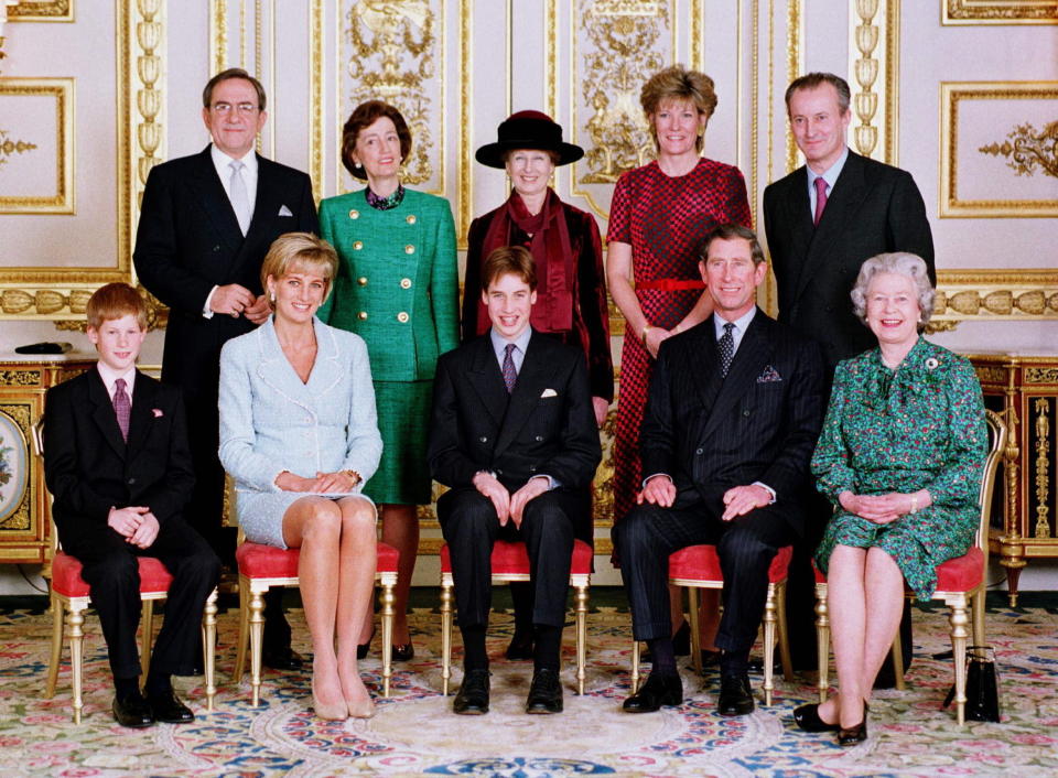 Members of the royal family and Lady Susan Hussey, who is wearing green in the back row