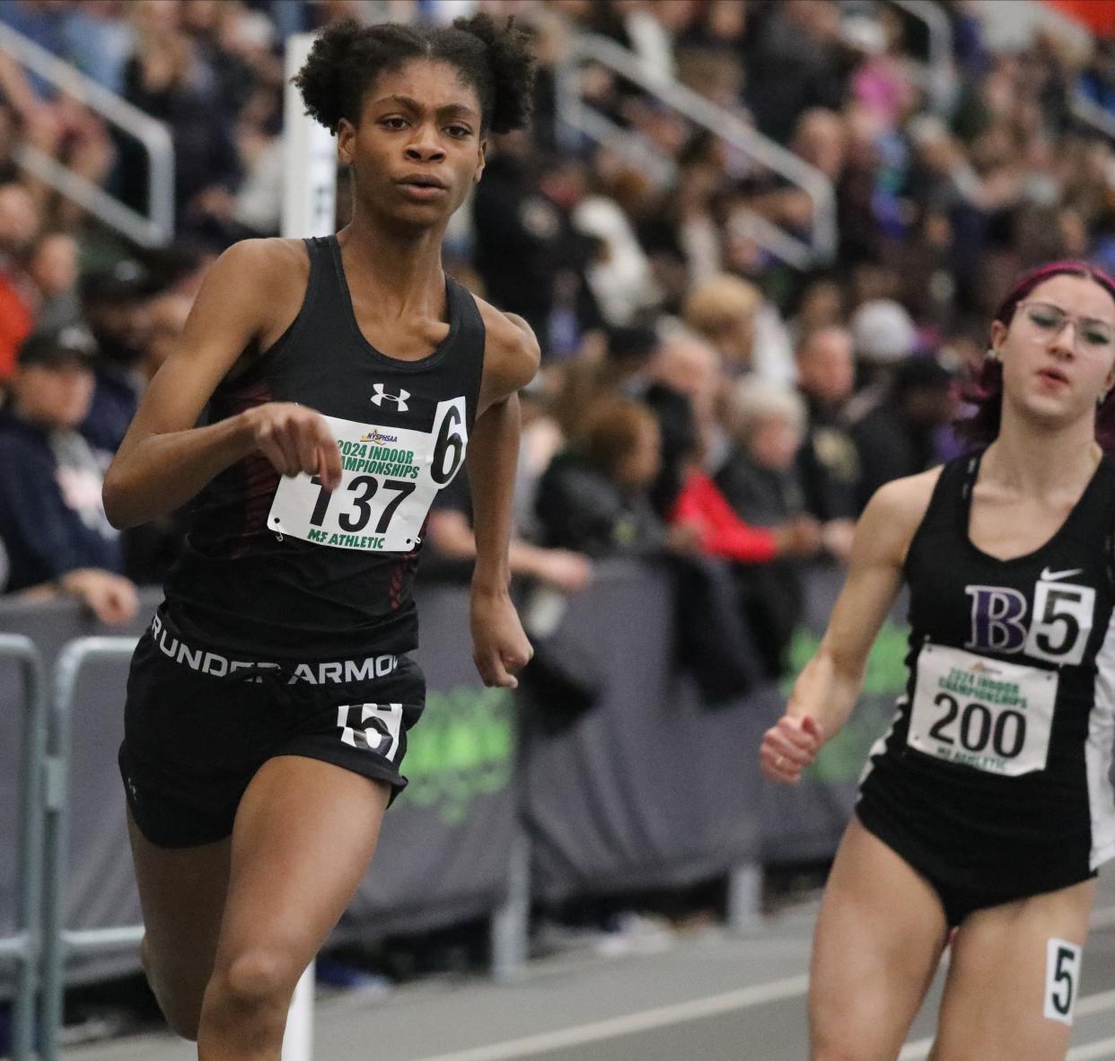 Jayda Johnson from Nyack competes in the girls 300 meter dash at the 2024 New York State Indoor Track and Field Championships at the Ocean Breeze Athletic Complex in Staten Island, March 2, 2024.