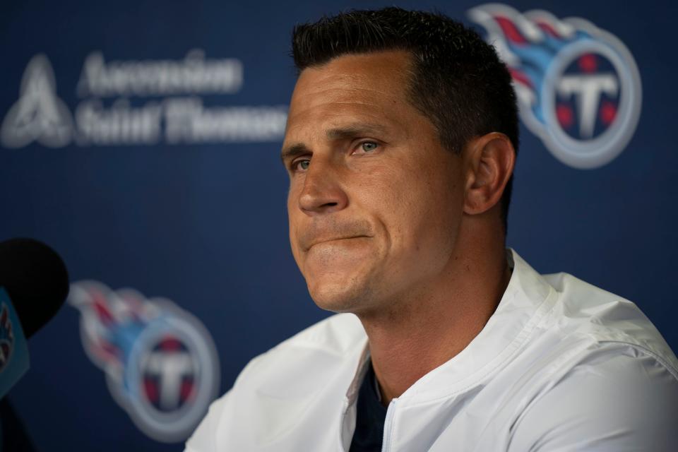 Tennessee Titans vice president of player personnel Ryan Cowden responds to questions during a press conference about the start of training camp at Saint Thomas Sports Park Tuesday, July 26, 2022, in Nashville, Tenn. 