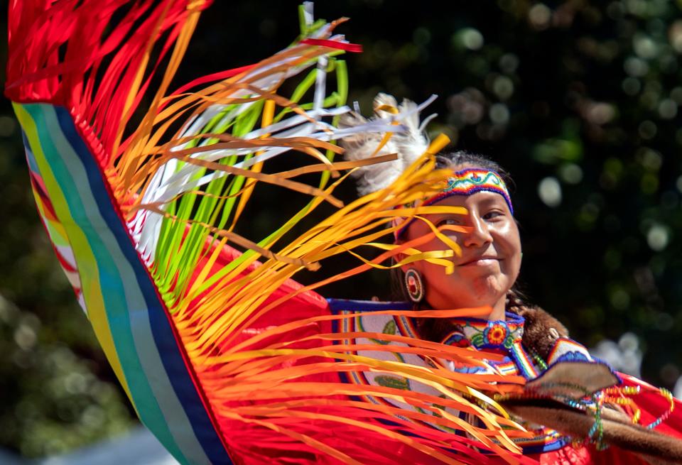 Summer Harrison of San Lorenzo dance at the annual Labor Day Stockton Community Pow Wow on the UOP campus in Stockton on Saturday, August 3, 2022. Since 1981 Native Americans representing tribes throughout California and other western states have celebrated their culture at the Stockton Pow Wow.  