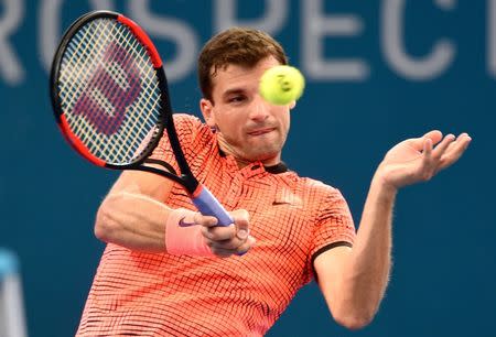 Tennis - Brisbane International - Pat Rafter Arena, Brisbane, Australia - 7/1/17 Bulgaria’s Grigor Dimitrov hits a shot during his match against Canada’s Milos Raonic. REUTERS/Steve Holland