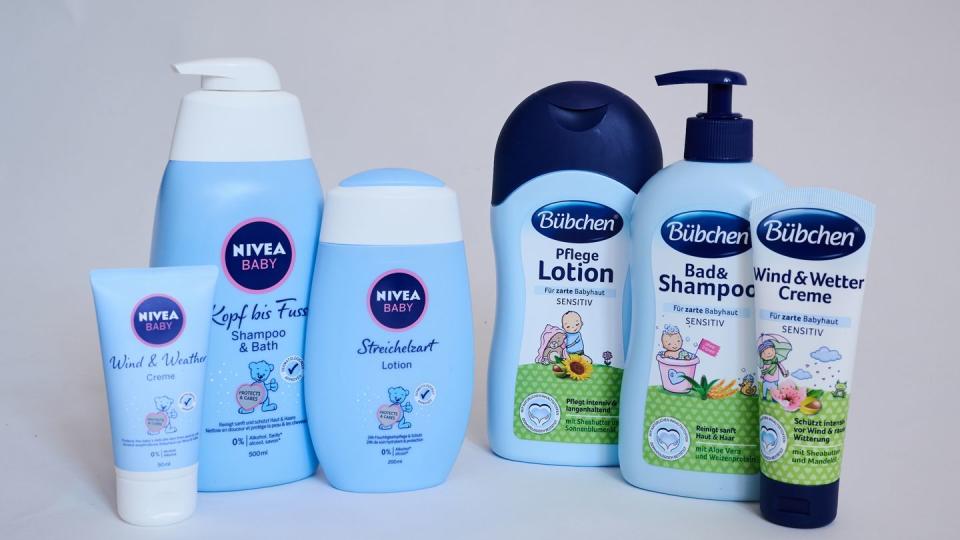 Unterschiedliche Pflege-Produkte für Babys der Marken Bübchen (rechte Seite) und Nivea.