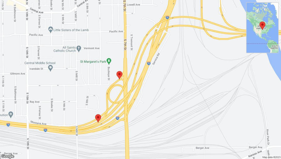 A detailed map that shows the affected road due to 'US-69 South temporarily closed in Kansas City' on October 16th at 11:02 p.m.