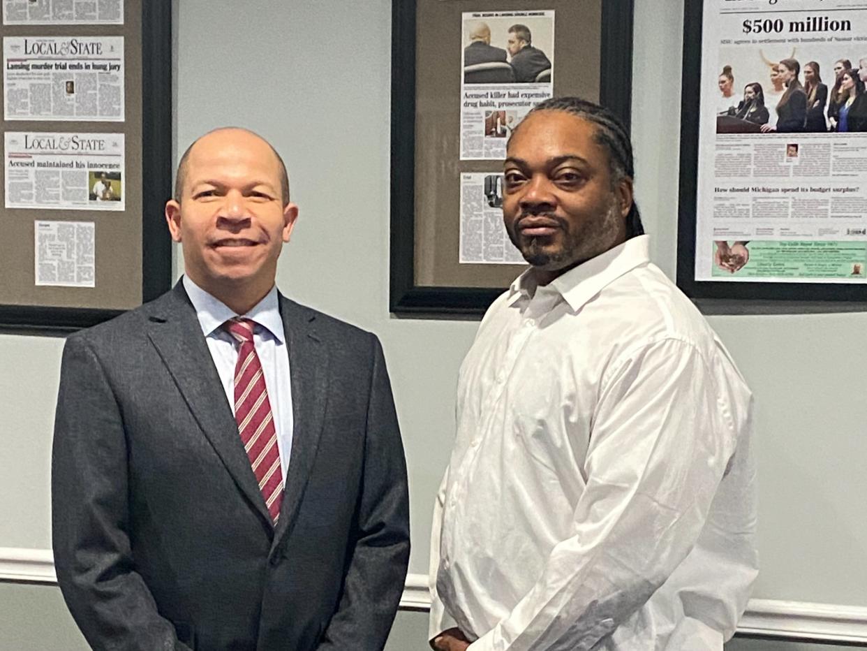 Herbert Alford, 47, (right), with attorney Jamie White, on the day they learned his wrongful conviction had been overturned in December 2020 (White Law)