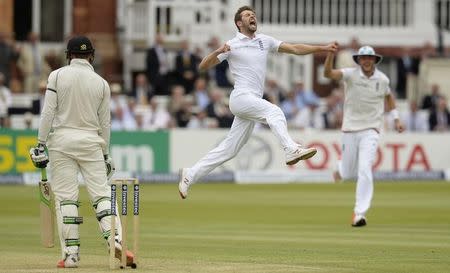 Cricket - England v New Zealand - Investec Test Series First Test - Lord's - 22/5/15 England's Mark Wood celebrates as he thinks he has dismissed New Zealand's Martin Guptill (not pictured) before a no ball was ruled Action Images via Reuters / Philip Brown Livepic EDITORIAL USE ONLY.