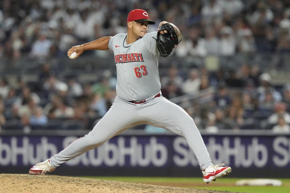 Cincinnati Reds' Fernando Cruz (63) pitches during the seventh inning of a baseball game against the New York Yankees, Wednesday, July 3, 2024, in New York. (AP Photo/Frank Franklin II)