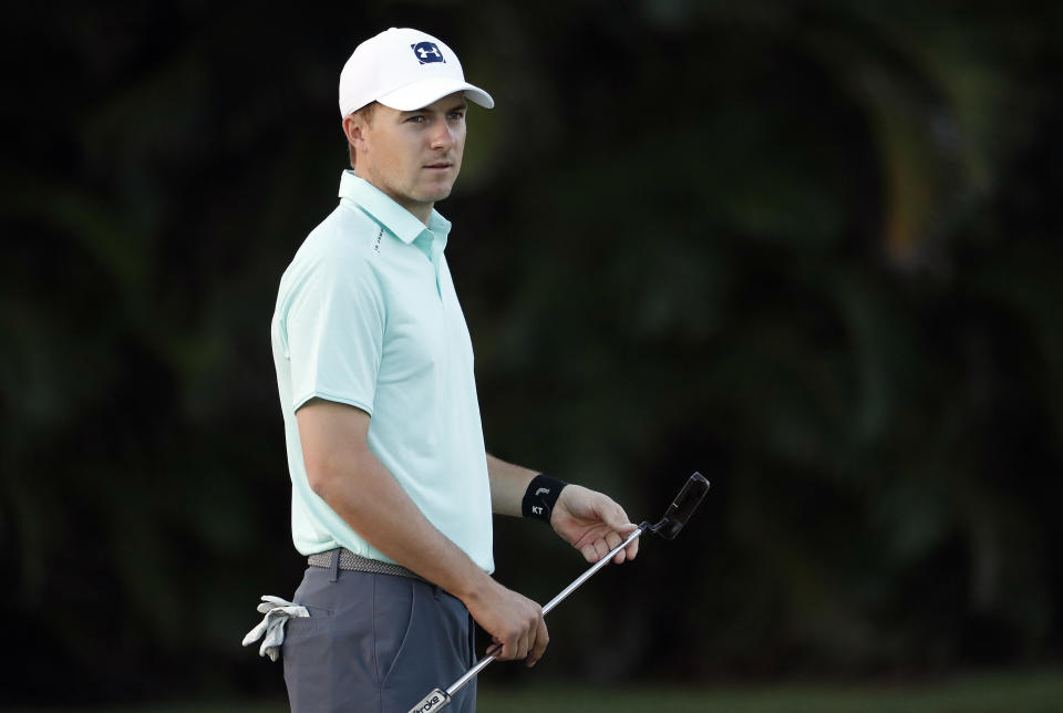 Jordan Spieth watches his putt on the first green during the pro-am round of the Sony Open golf event, Wednesday, Jan. 9, 2019, at the Waialae Country Club in Honolulu, Hawaii. (AP Photo/Matt York)