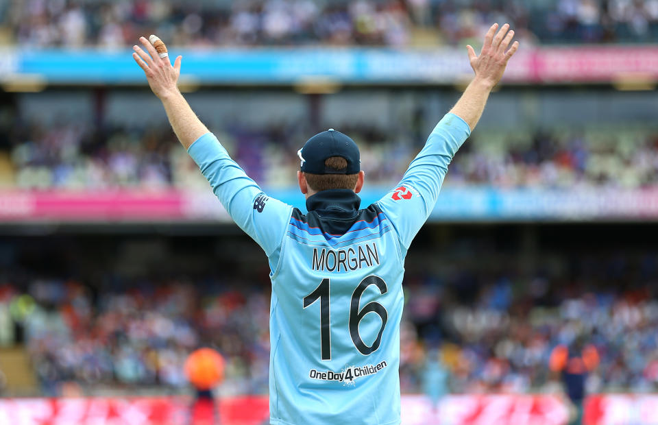 England's Eoin Morgan gestures during the ICC Cricket World Cup group stage match at Edgbaston, Birmingham. (Photo by Nigel French/PA Images via Getty Images)