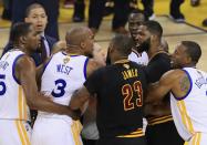 <p>David West #3 of the Golden State Warriors and Tristan Thompson #13 of the Cleveland Cavaliers get into an altercation after a play in Game 5 of the 2017 NBA Finals at ORACLE Arena on June 12, 2017 in Oakland, California. </p>