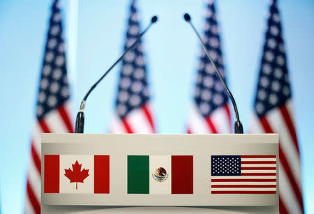 The flags of Canada, Mexico and the U.S. are seen on a lectern before a joint news conference on the closing of the seventh round of NAFTA talks in Mexico City, Mexico March 5, 2018. REUTERS/Edgard Garrido